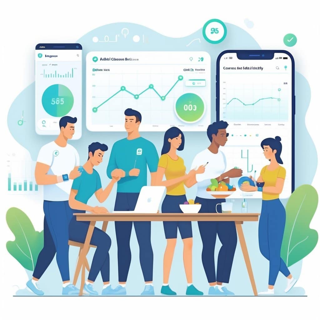 A group of healthy adults wearing small glucose sensors on their arms while engaging in daily activities like exercising, working, and cooking, with digital glucose data visuals in the background.