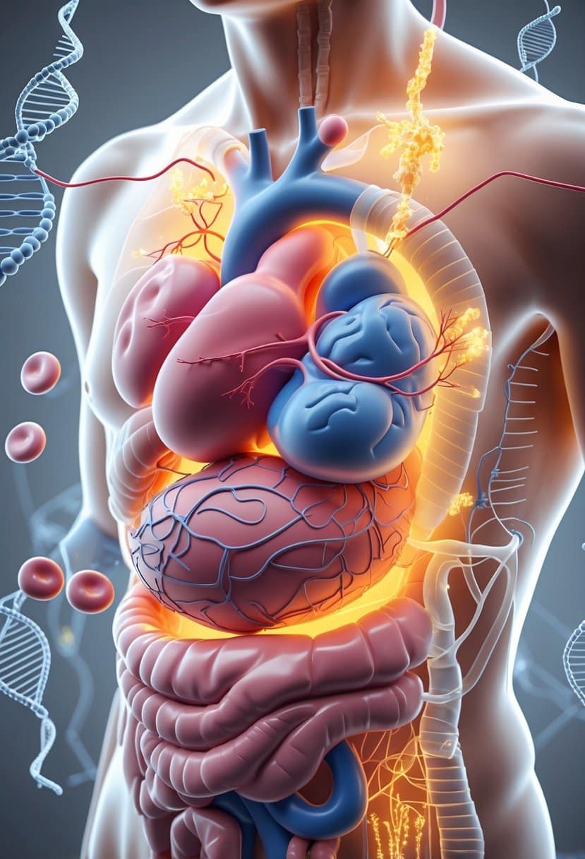 3D image of a human torso showing internal organs affected by metabolic syndrome, including heart, liver, arteries, and pancreas, with visual indicators of health issues.