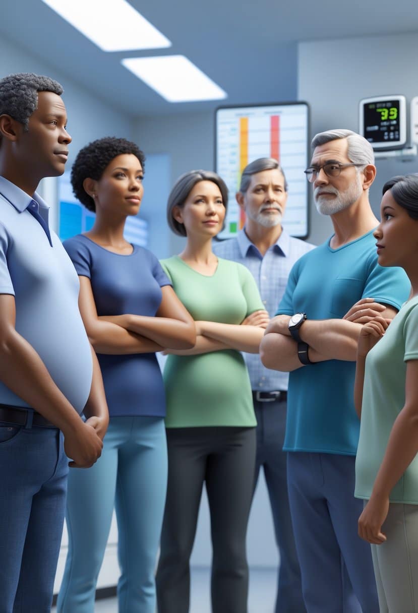 A group of adults in a medical setting showing signs of metabolic syndrome, including enlarged waist, blood pressure monitoring, and glucose testing.