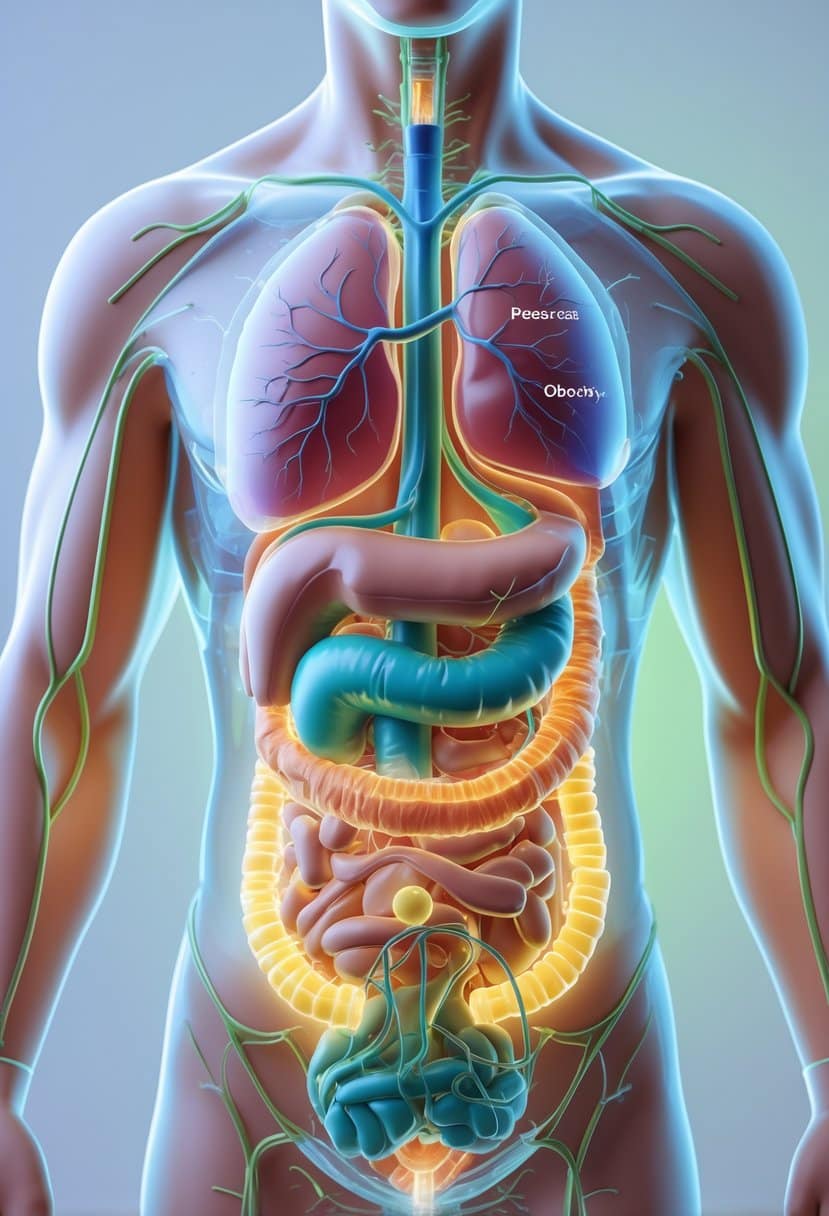 3D rendering of a human torso showing internal organs and areas related to metabolic syndrome with glowing icons representing symptoms and risk factors.