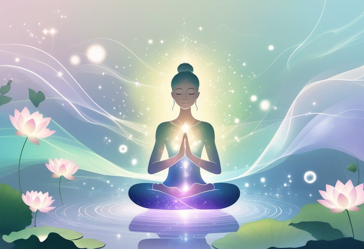 A peaceful person sitting cross-legged with glowing energy radiating from their hands and heart, surrounded by soft waves of light and natural elements like leaves and lotus flowers.
