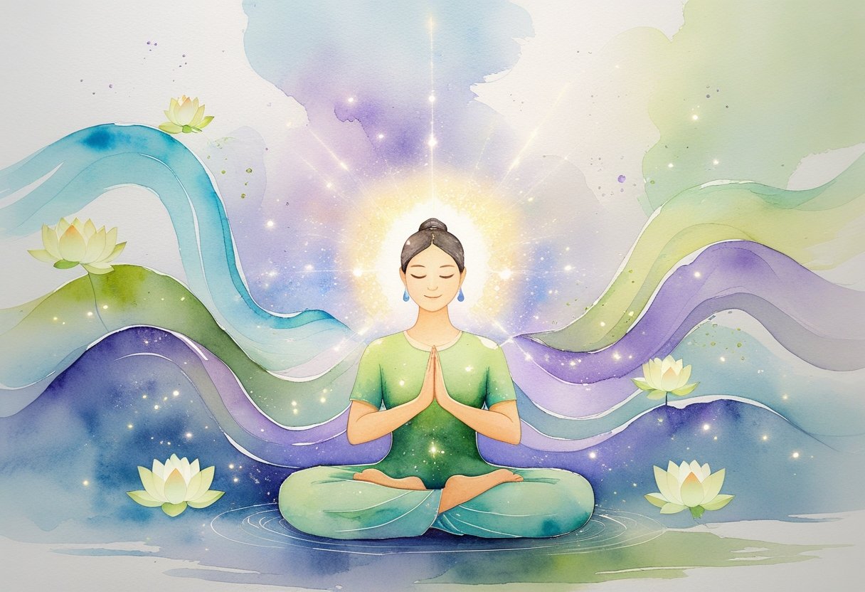 A person sitting cross-legged with eyes closed, hands glowing with light, surrounded by flowing waves of colorful energy and lotus flowers in a peaceful setting.