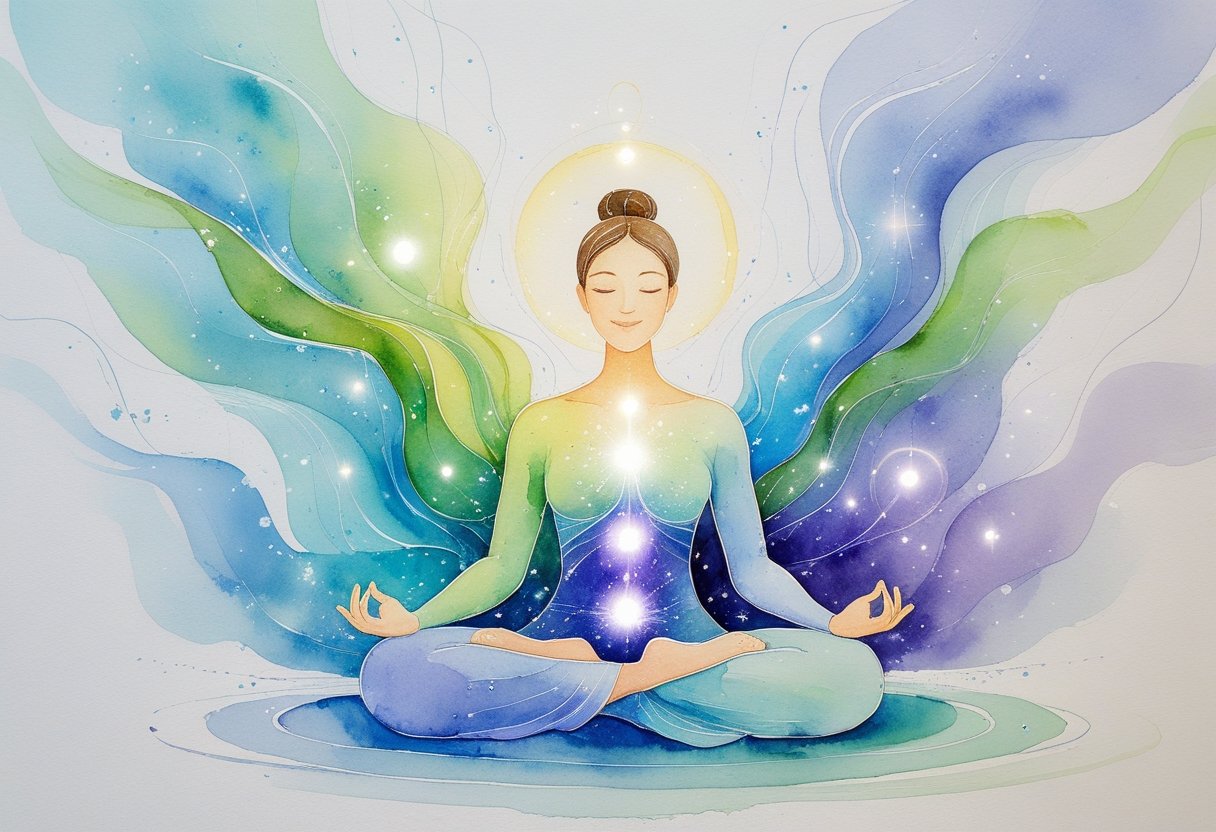 A person sitting in meditation with colorful waves of energy flowing from their hands and heart, surrounded by soft light orbs and a peaceful background.