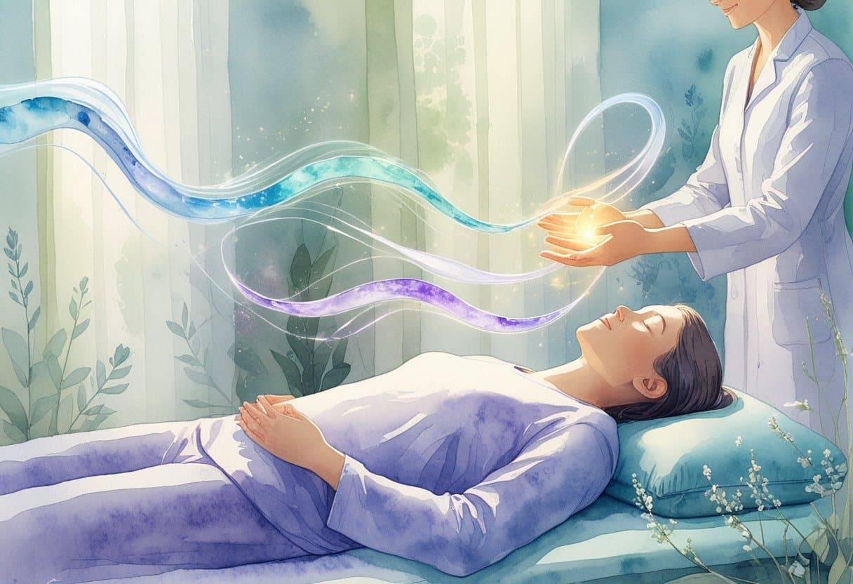 A person lying peacefully on a table receiving energy healing from another person whose hands glow with soft light above them in a calm room.