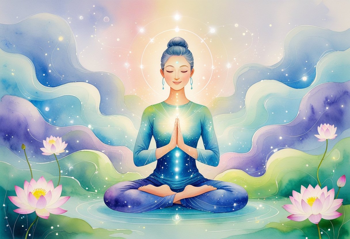 A peaceful person sitting cross-legged with glowing light around their hands and heart, surrounded by lotus flowers and soft waves of colorful energy.