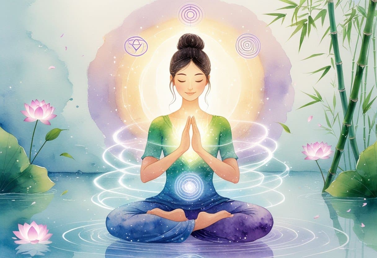 A peaceful person meditating surrounded by glowing lights and natural elements symbolizing energy and healing.