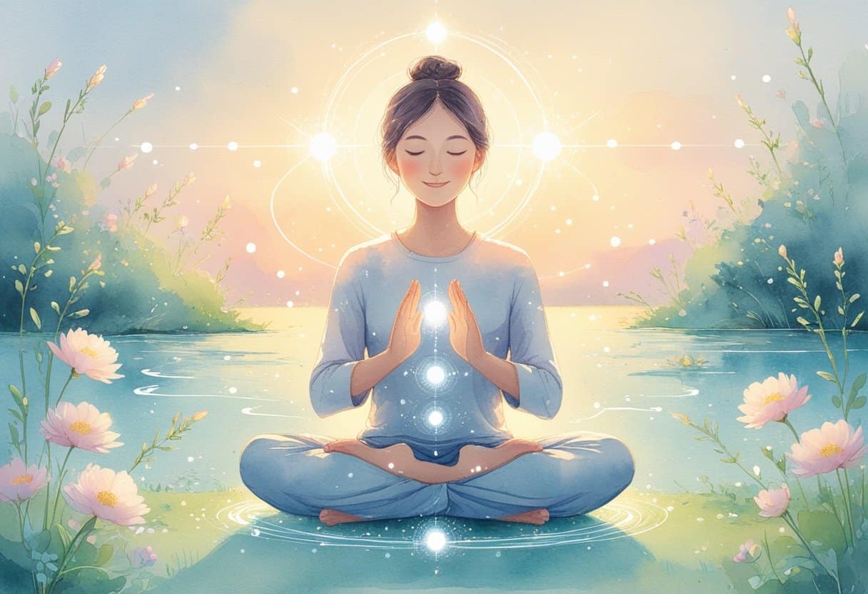 A person sitting cross-legged outdoors with glowing orbs of light around them, hands held gently in front, surrounded by flowers and water under a soft sky.