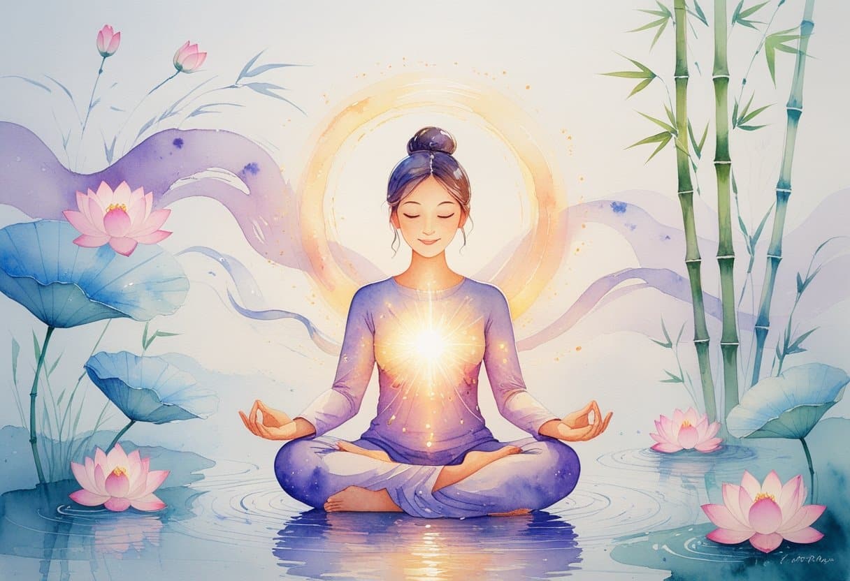 A peaceful person meditating with glowing hands surrounded by gentle waves of colorful light and natural elements like lotus flowers and bamboo.