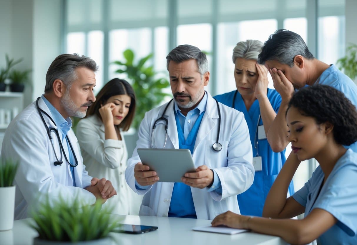 A healthcare professional explains blood sugar information to a concerned man in a medical office while other adults show signs of fatigue and discomfort.