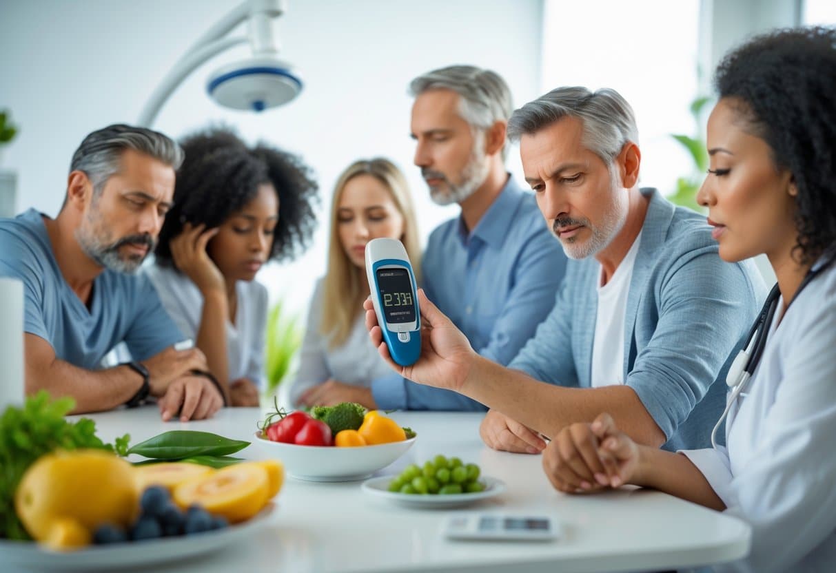 A diverse group of adults in a medical setting with one person having their blood sugar tested, while others show signs of fatigue and dizziness, surrounded by healthy foods and medical equipment.