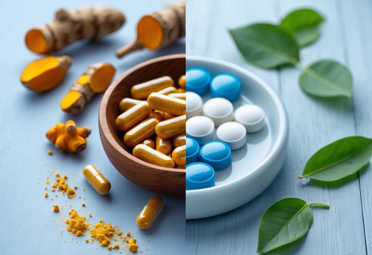 A wooden bowl with orange berberine capsules and natural ingredients on one side, and a white dish with blue and white metformin tablets on the other side, placed on a wooden surface.