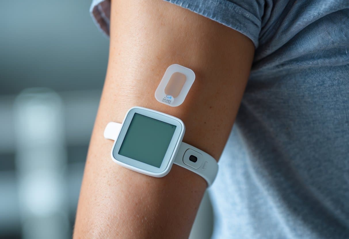 v2-11ug6y-sk9ij - Preventive Medicine Daily Close-up of a person's upper arm with a continuous glucose monitor sensor attached.