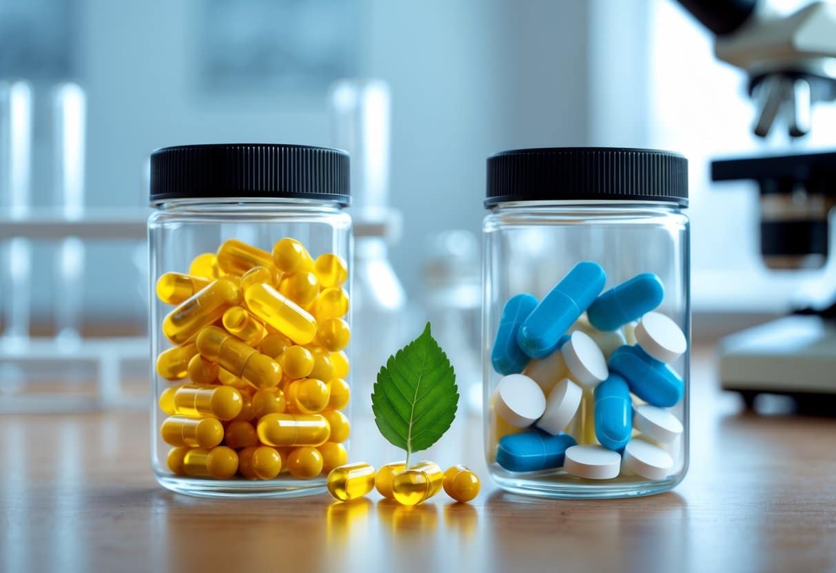 Two glass containers on a wooden table, one with yellow berberine capsules and the other with blue and white metformin tablets, with a green leaf between them and blurred scientific equipment in the background.