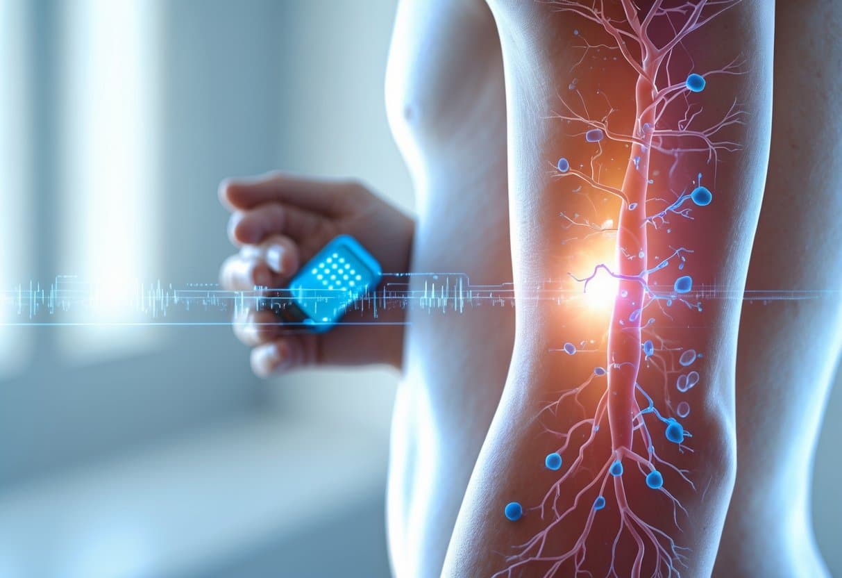 v2-11ug7k-xbw8i - Preventive Medicine Daily Close-up of a person's arm with a small glucose monitor attached, showing blood vessels and glucose molecules inside the arm.