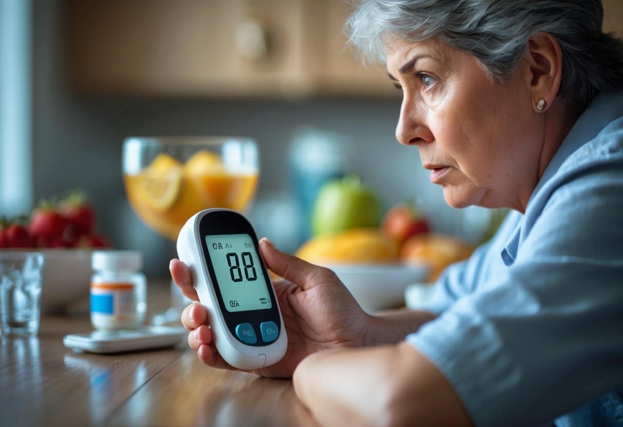 A middle-aged person sitting at a kitchen table looking at a glucose meter showing a high reading, with a glass of water, fruit, and medication bottles nearby.