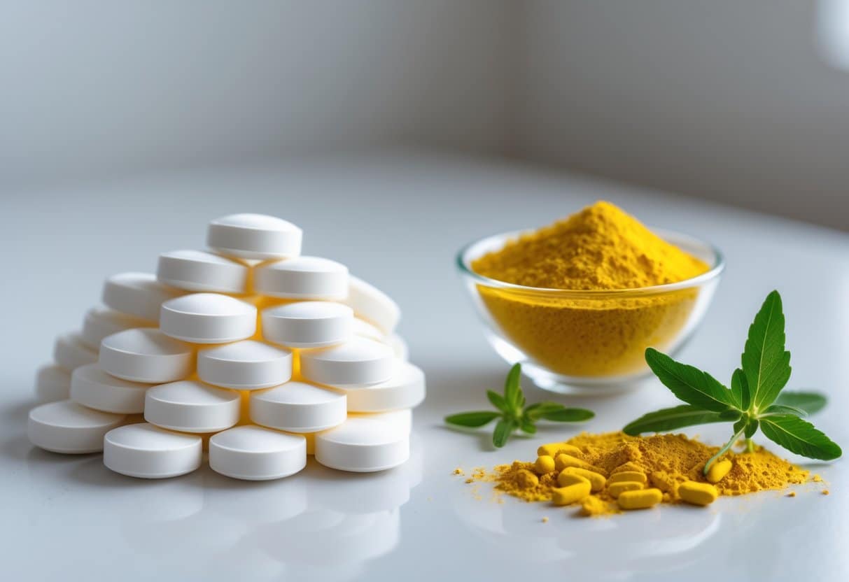 White Metformin tablets and yellow Berberine capsules with Berberine plant roots on a white surface.