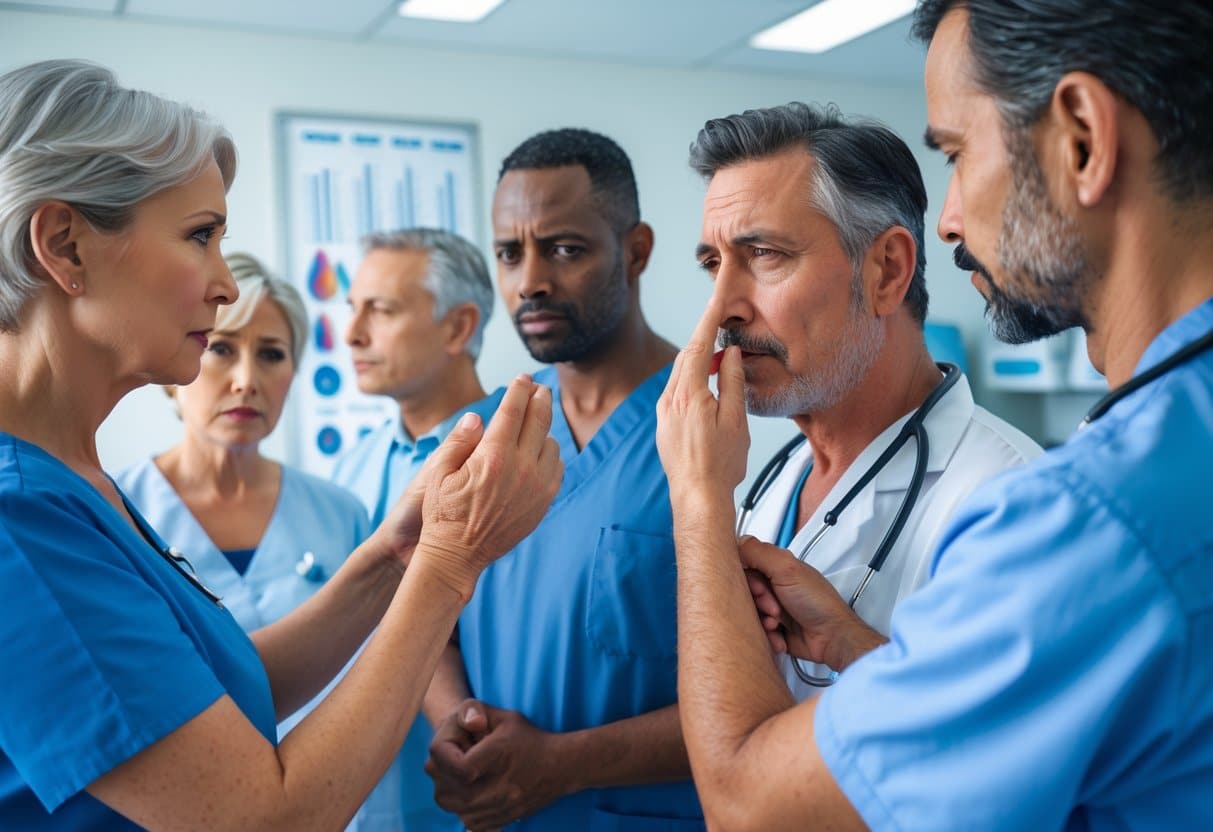 A diverse group of adults in a medical clinic showing subtle physical signs like redness on hands and skin discoloration, with a healthcare professional checking a patient's pulse.