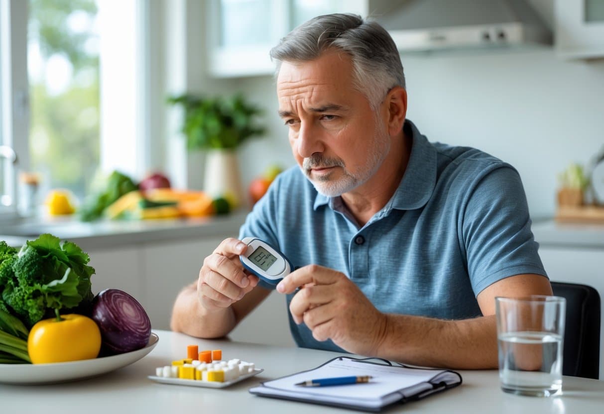 A middle-aged man sitting at a kitchen table looking at a glucose meter with a serious expression, surrounded by healthy foods and medication.