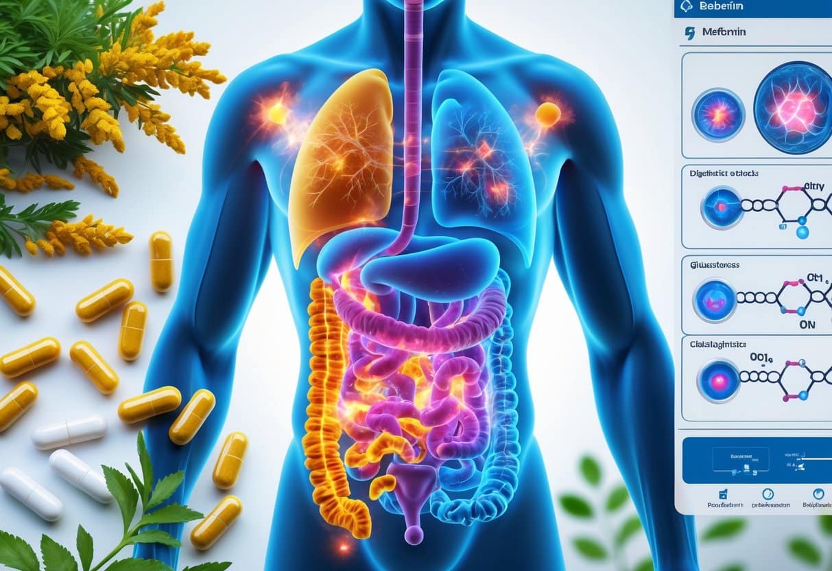 Split image showing Berberine plants and capsules on one side and Metformin tablets with a medical interface on the other, with a translucent human torso highlighting internal body systems in the center.