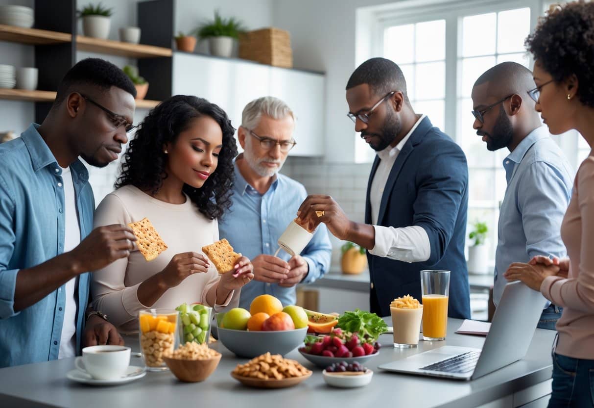 A group of adults in a kitchen with various foods and lifestyle items that may cause blood sugar spikes.