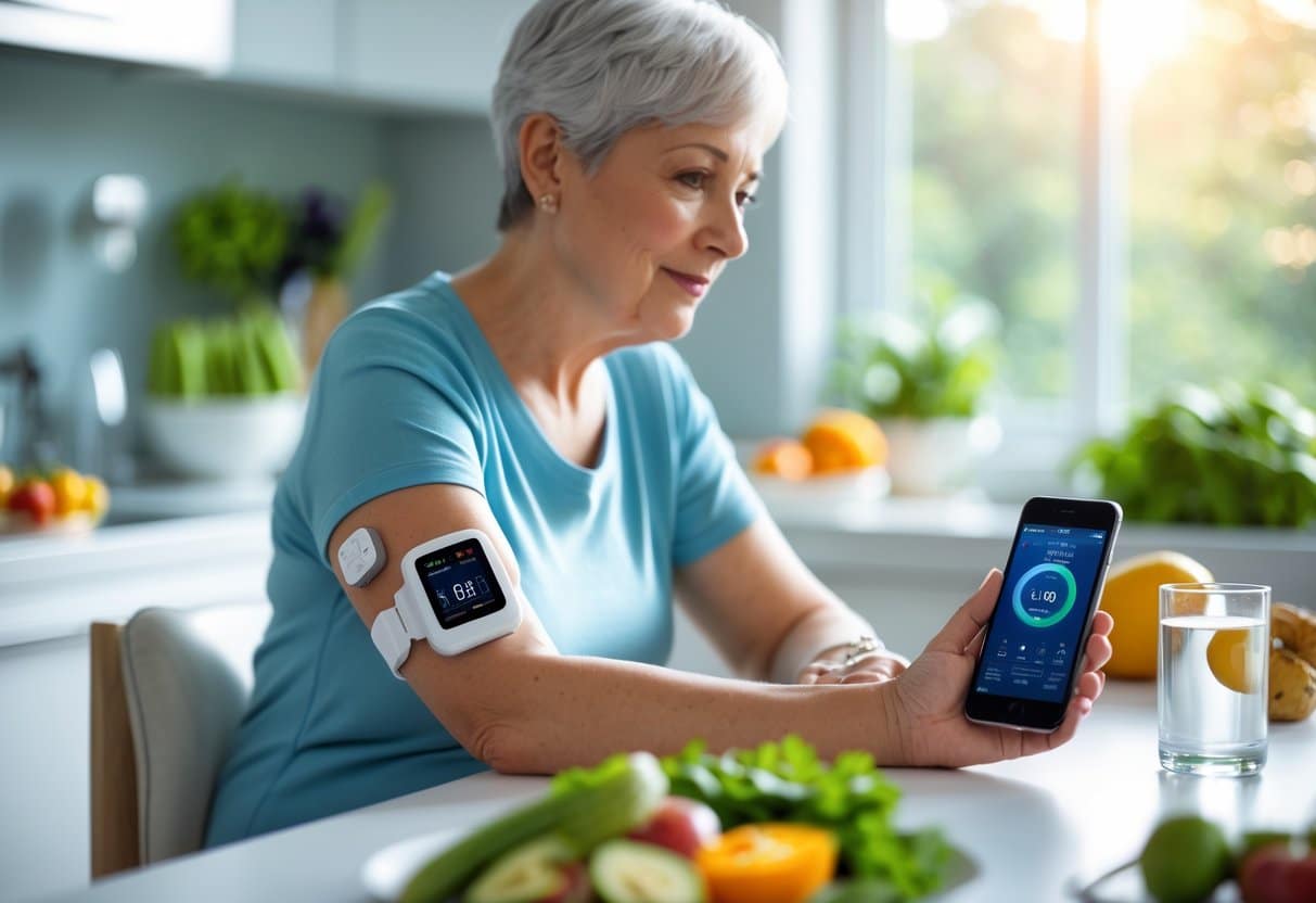 v2-11ug98-z5crr - Preventive Medicine Daily A person wearing a continuous glucose monitor on their arm looks at a smartphone while sitting at a kitchen table with healthy foods.