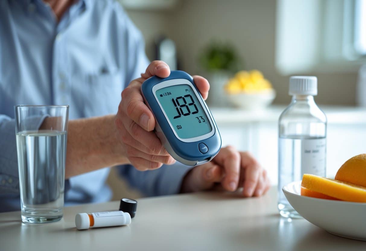 A middle-aged person sitting at a kitchen table looking concerned while holding a blood glucose meter showing a high reading.