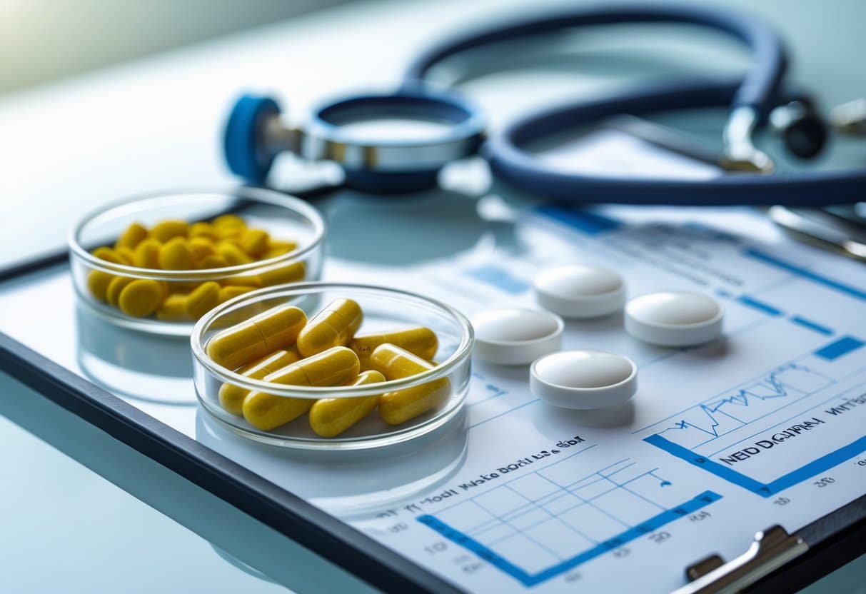 Close-up of Berberine capsules and Metformin tablets on a glass table with medical tools and charts in the background.