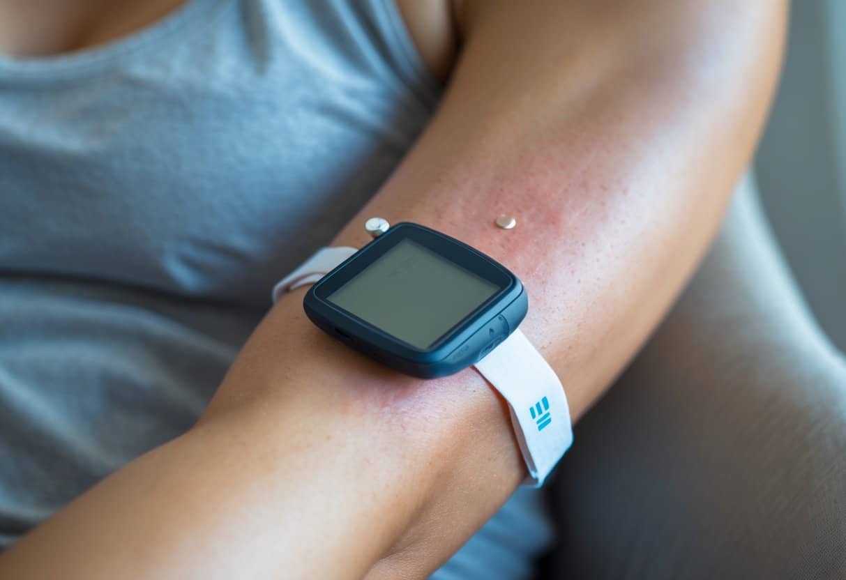 v2-11ug9v-kqygs - Preventive Medicine Daily Close-up of a person's upper arm with a continuous glucose monitor sensor attached, showing slight redness around the device.