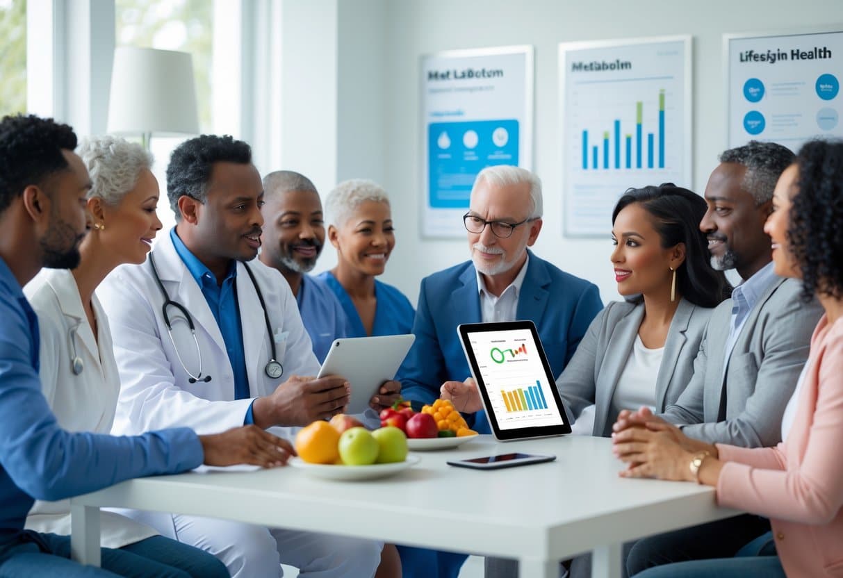 A healthcare professional explains metabolic health to a diverse group of adults in a bright medical consultation room with healthy lifestyle items on the table.