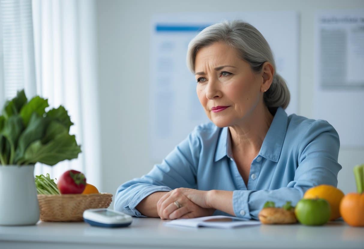 A middle-aged person sitting at a desk with a glucose meter and healthy food, looking thoughtful and concerned.