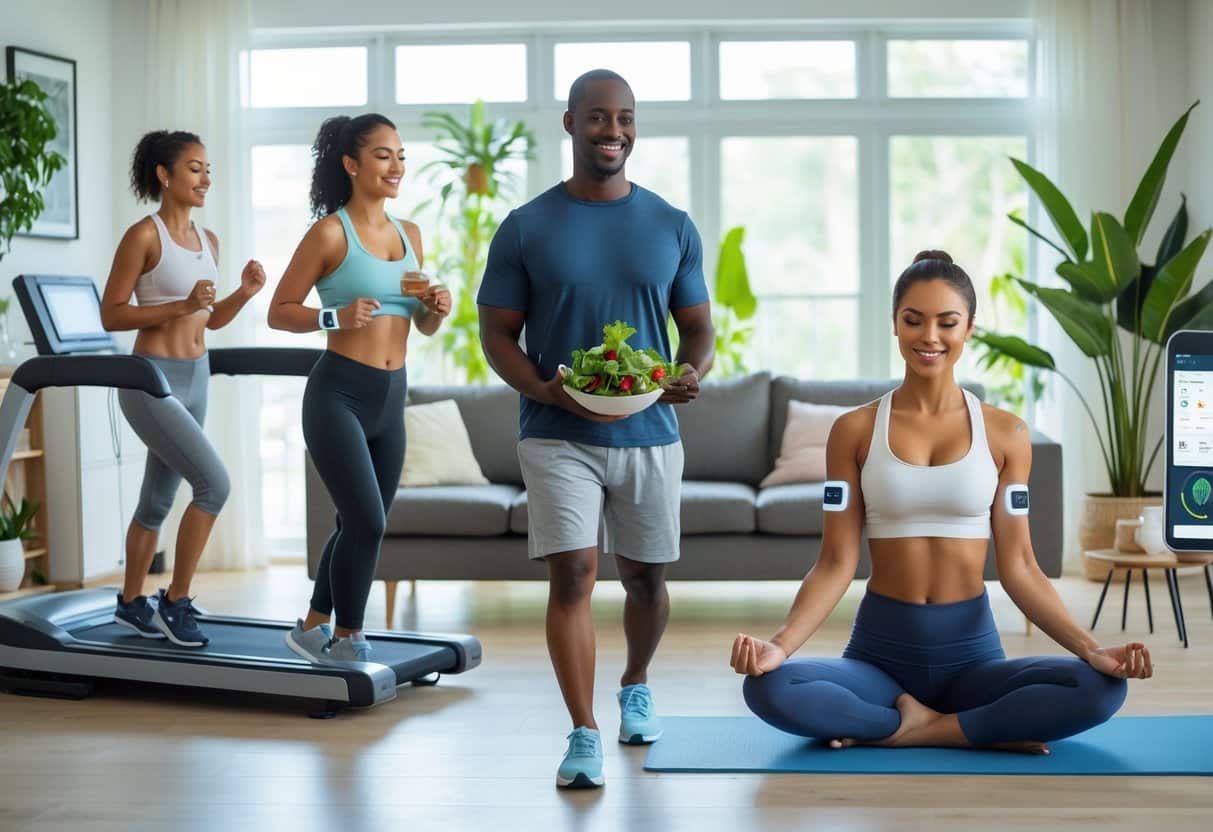 v2-11ugan-wwgdb - Preventive Medicine Daily People wearing continuous glucose monitors engaging in healthy activities like jogging, cooking, and meditating in a bright living room.