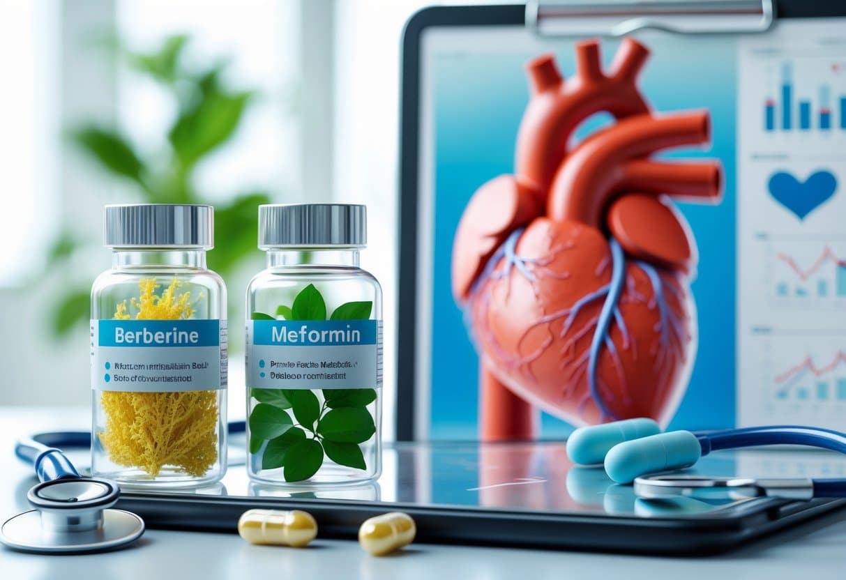 Two pills representing Berberine and Metformin next to a detailed 3D human heart and arteries, with natural roots and medical tools nearby.