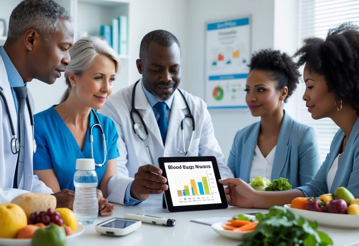 A healthcare professional explains blood sugar management to a patient in a modern medical office with healthy foods and medical tools on the desk.