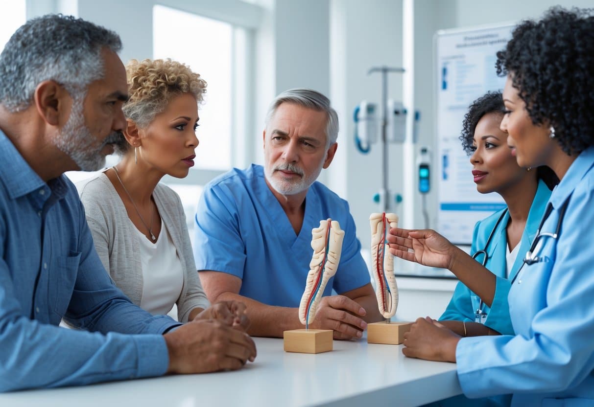 A healthcare professional discusses health information about skin, oral, and nerve complications with two adults in a medical clinic.