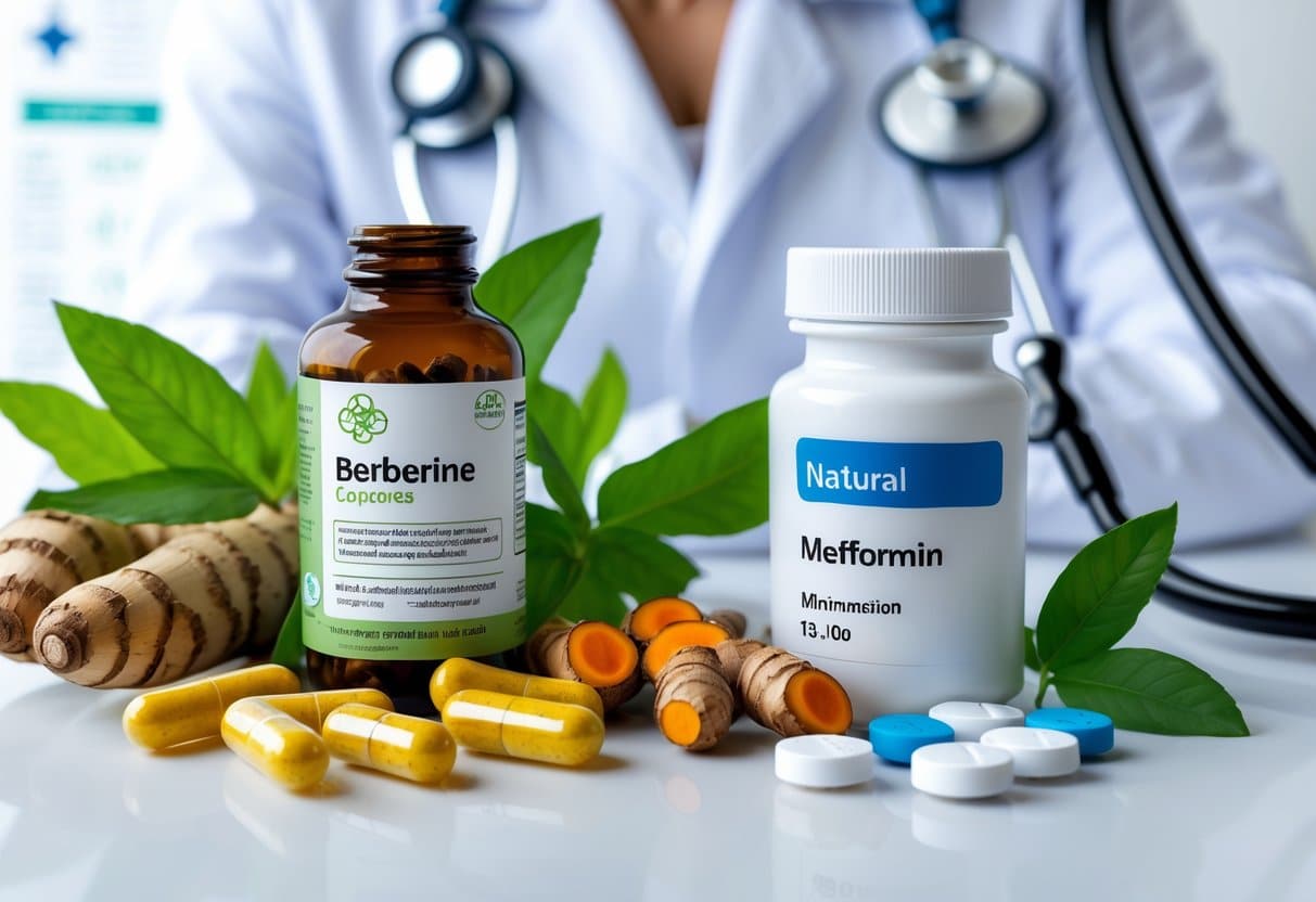 A side-by-side display of natural berberine capsules with turmeric roots and metformin tablets in pill bottles on a white surface with medical tools in the background.