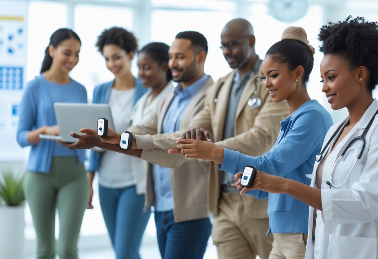 v2-11ugbn-45ei9 - Preventive Medicine Daily A diverse group of people wearing continuous glucose monitors on their arms in a bright medical setting, engaging in everyday activities.