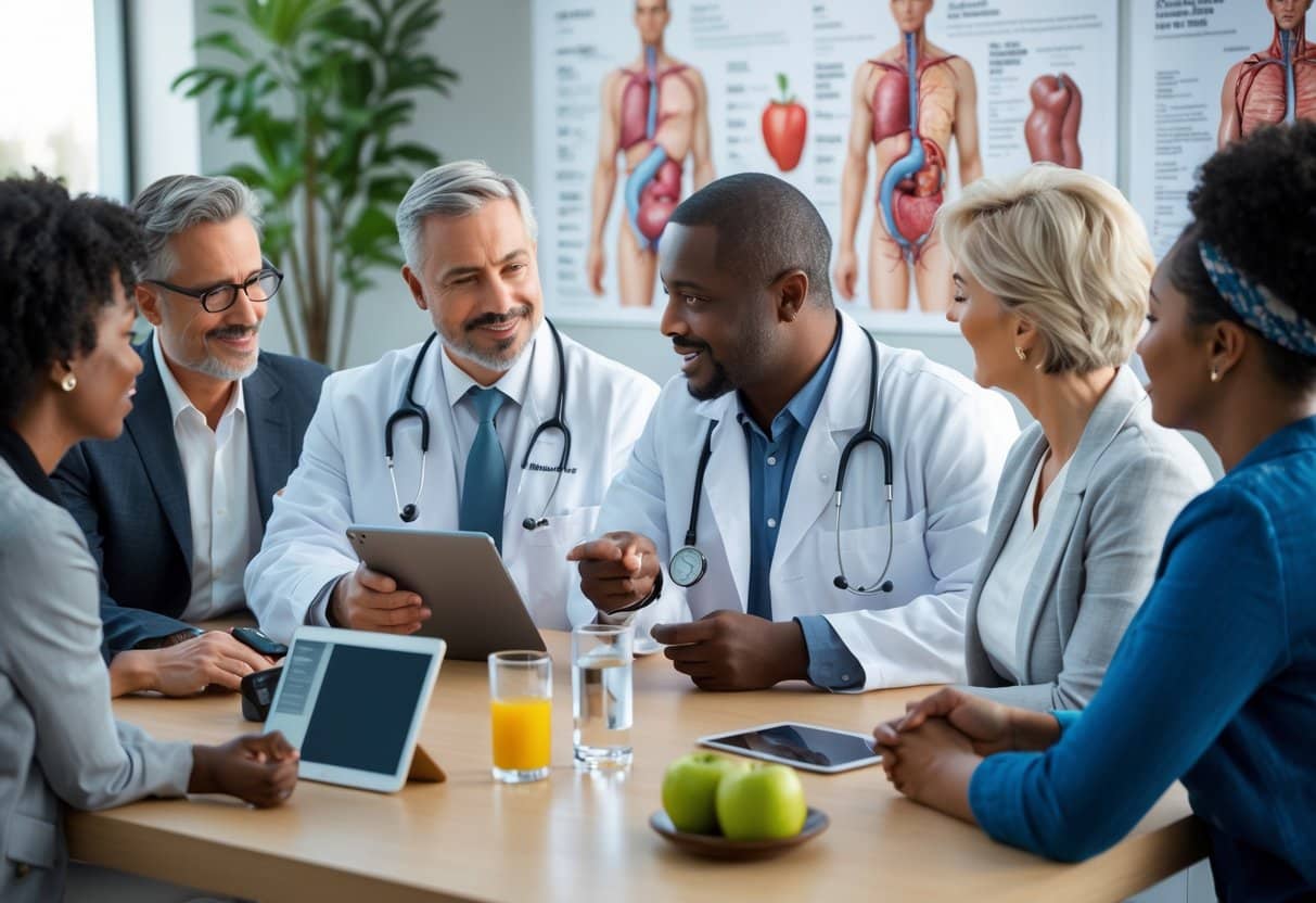 A healthcare professional explains health information to a patient in a medical office with medical devices and anatomical charts in the background.