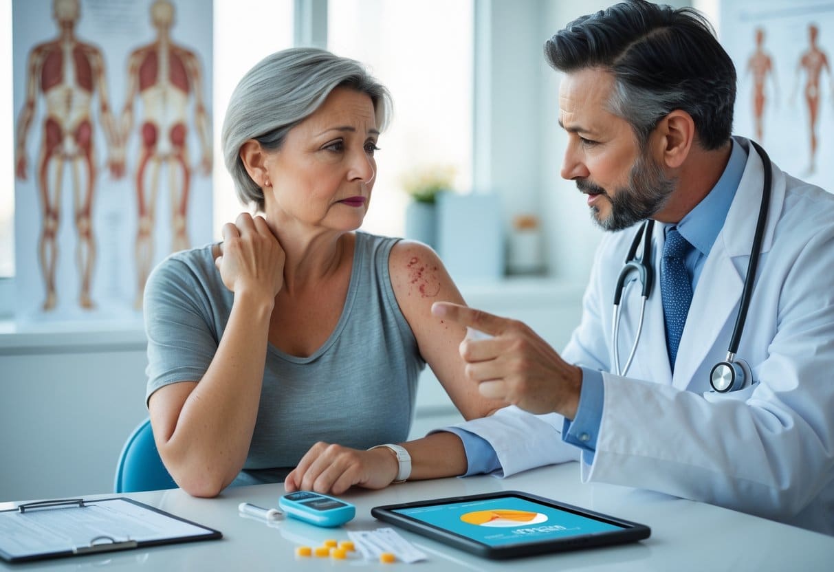 A woman with skin irritation sits in a doctor's office while a doctor explains blood sugar data on a tablet.