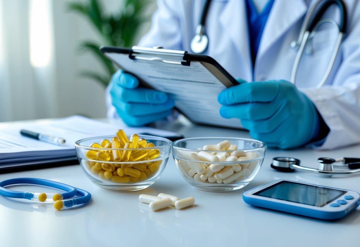 A medical professional reviewing patient information near bowls of Berberine capsules and Metformin tablets on a table with medical tools.