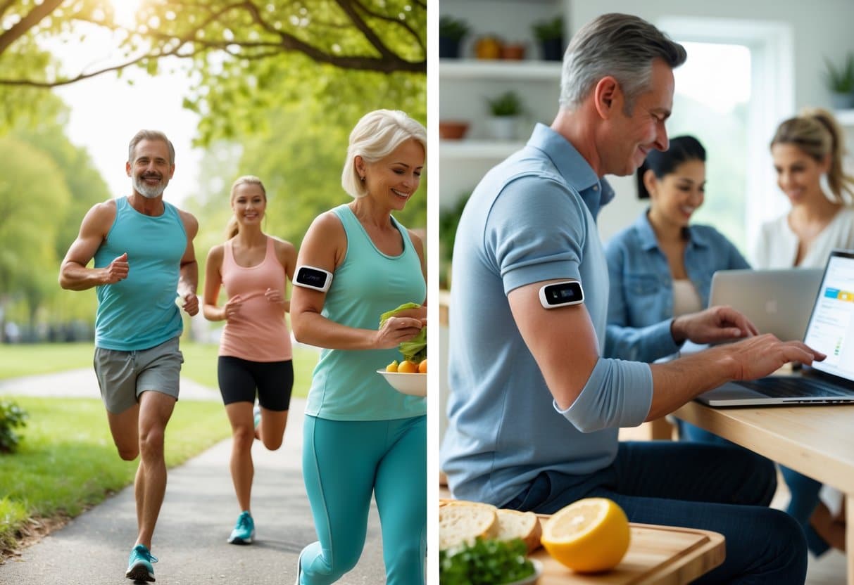 v2-11ugck-wrnl9 - Preventive Medicine Daily Three adults wearing continuous glucose monitors while jogging, cooking, and working at home.