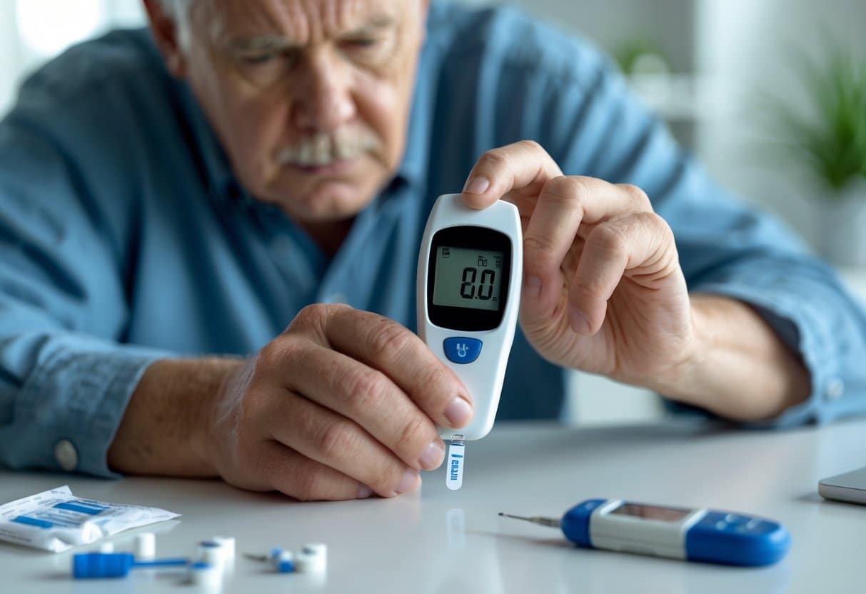 A middle-aged person checking their blood sugar levels with a glucose meter at a table with medical supplies.