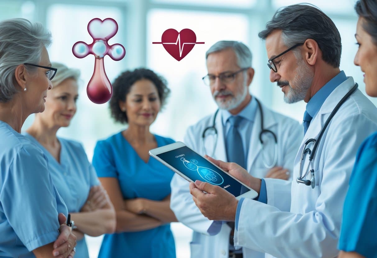 A doctor explains blood sugar risks to a patient using a digital tablet in a medical office, with subtle icons representing heart, eyes, and nerves in the background.
