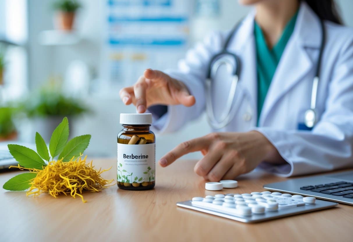A healthcare professional pointing at berberine capsules and metformin tablets on a table with medical tools in a clinic setting.