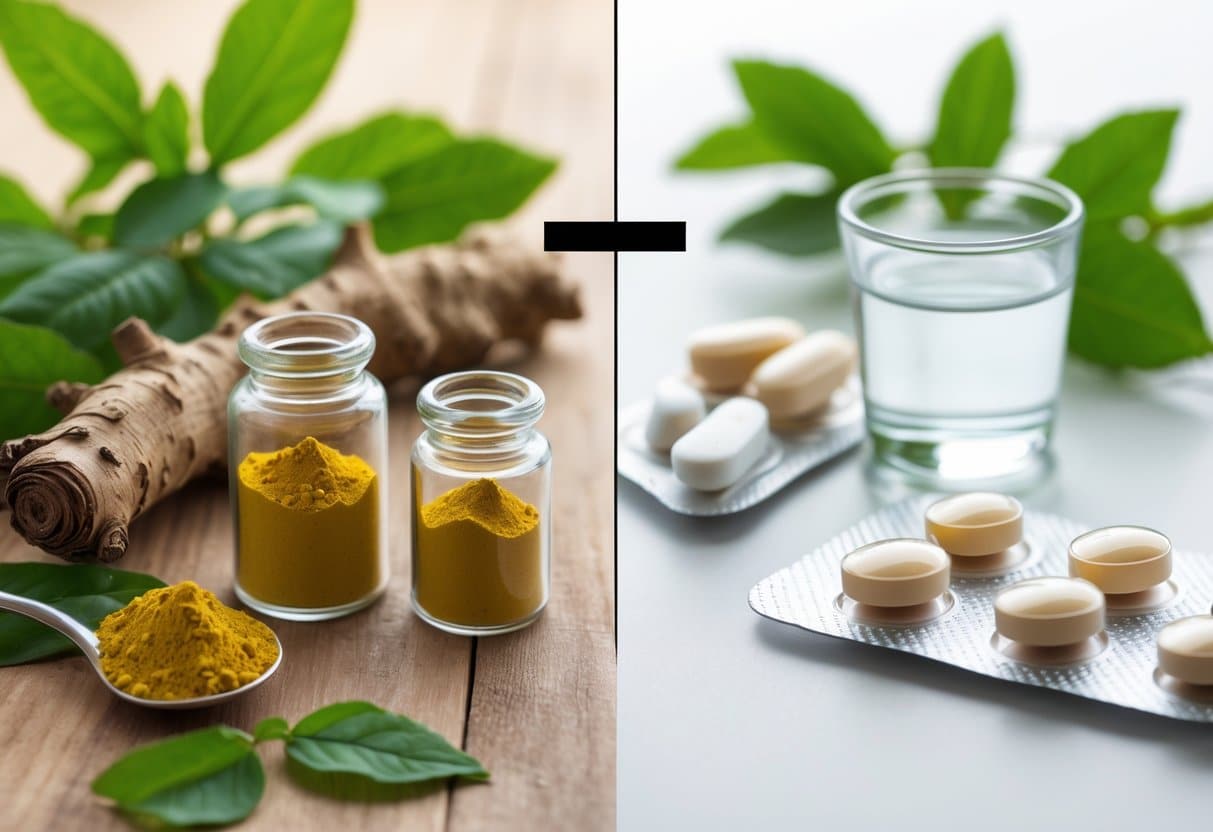 A table showing Berberine roots and powder on one side and Metformin pills with a glass of water on the other, separated by a balanced scale.