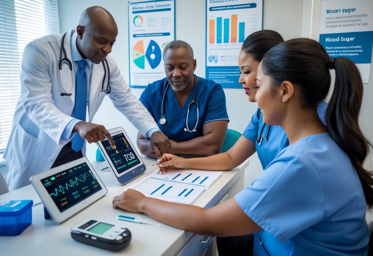 A doctor and nurse examine a patient while reviewing blood sugar data in a modern clinic setting.