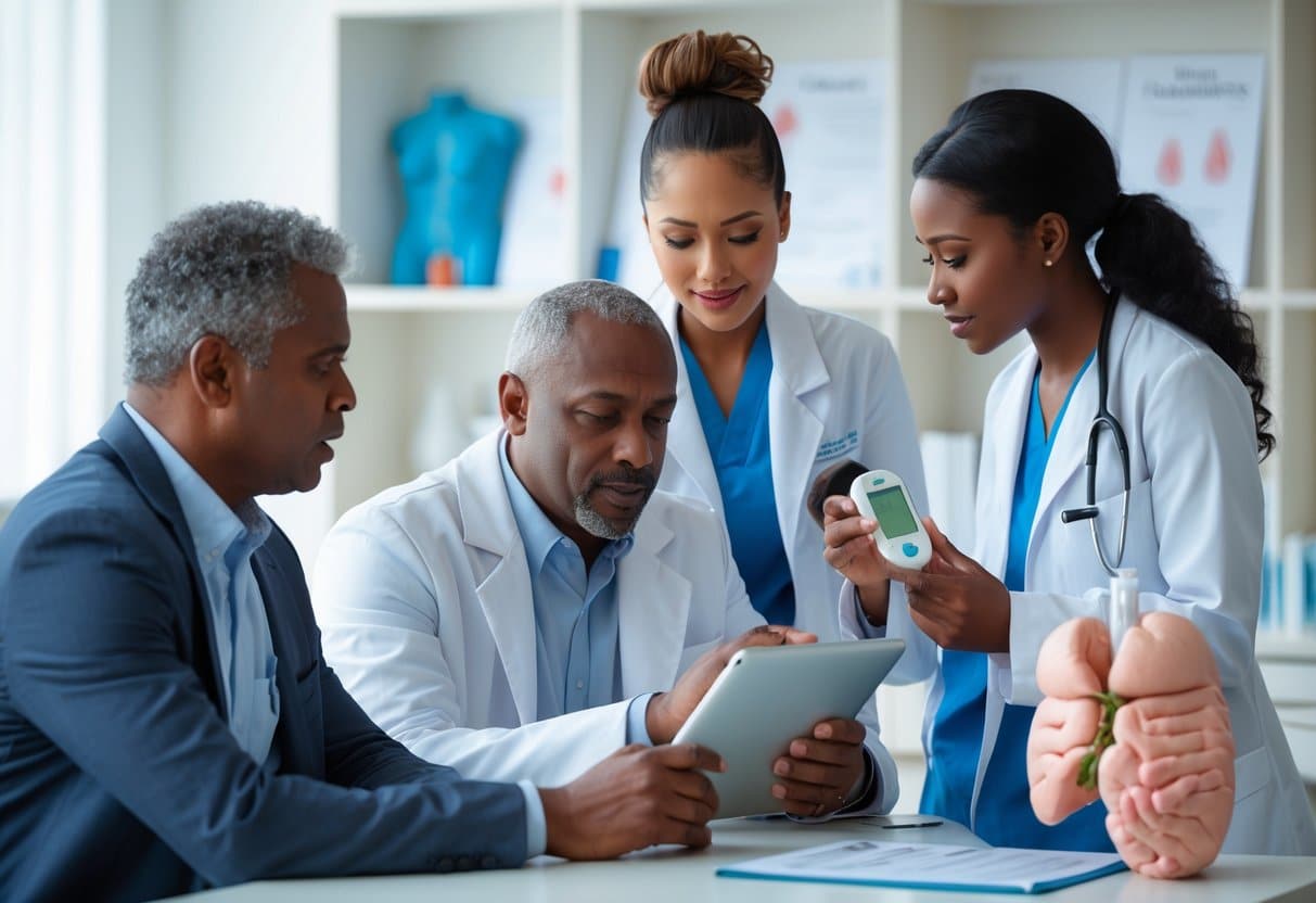 Three adults in a medical office discussing blood sugar levels with a healthcare professional using a tablet and a glucose meter.