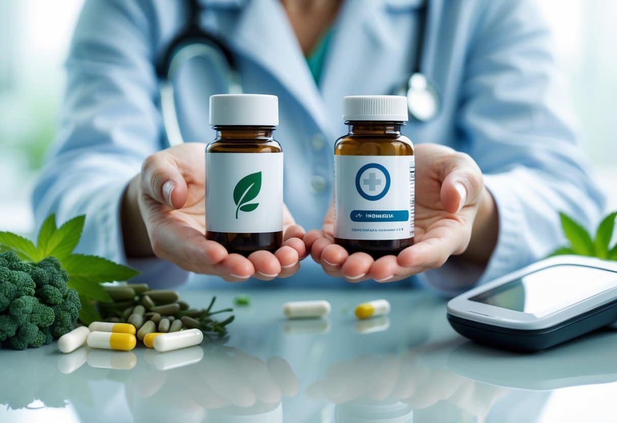 Hands holding two pill bottles representing a natural supplement and a prescription medication with health-related items in the background.