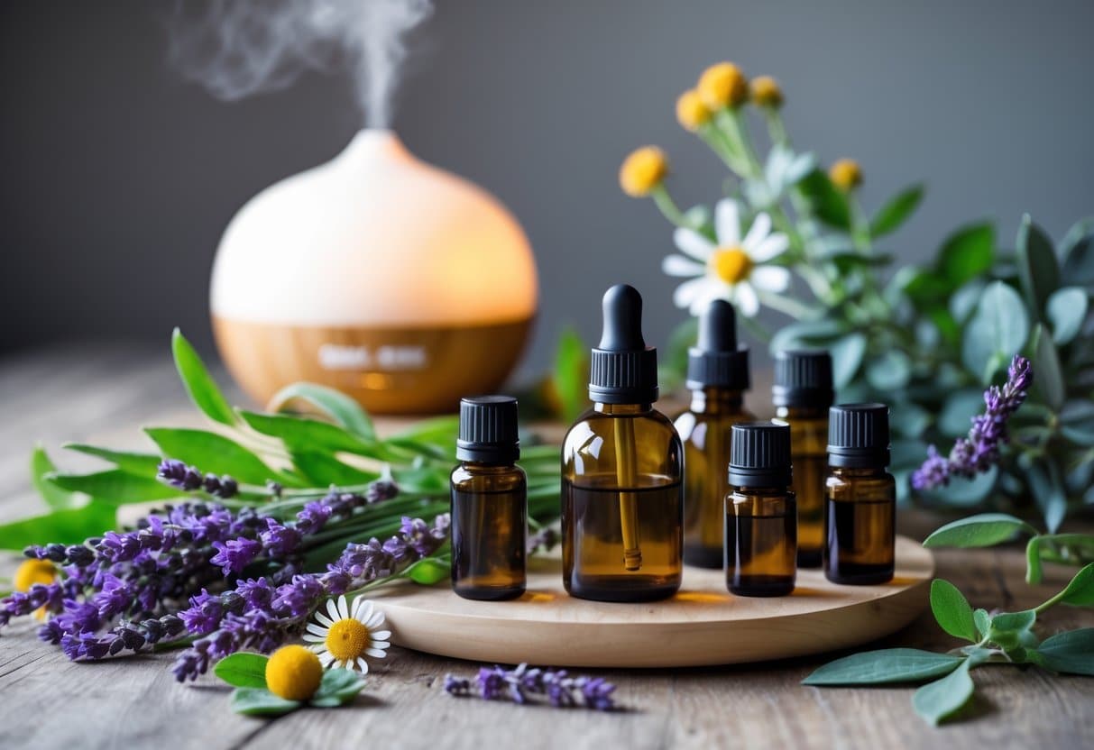 A collection of essential oil bottles with fresh herbs and flowers next to a diffuser releasing mist on a wooden surface.