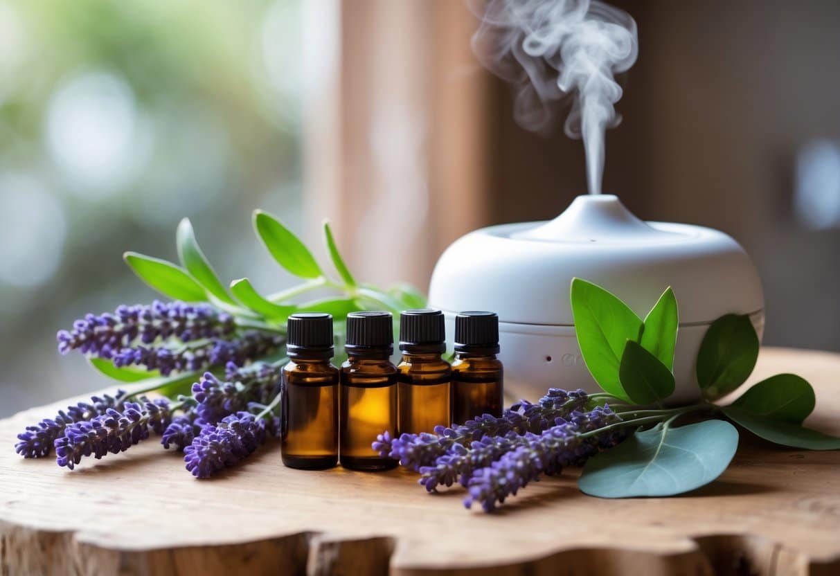 A wooden table with essential oil bottles, fresh lavender and eucalyptus, and a diffuser emitting mist in a calm spa-like setting.