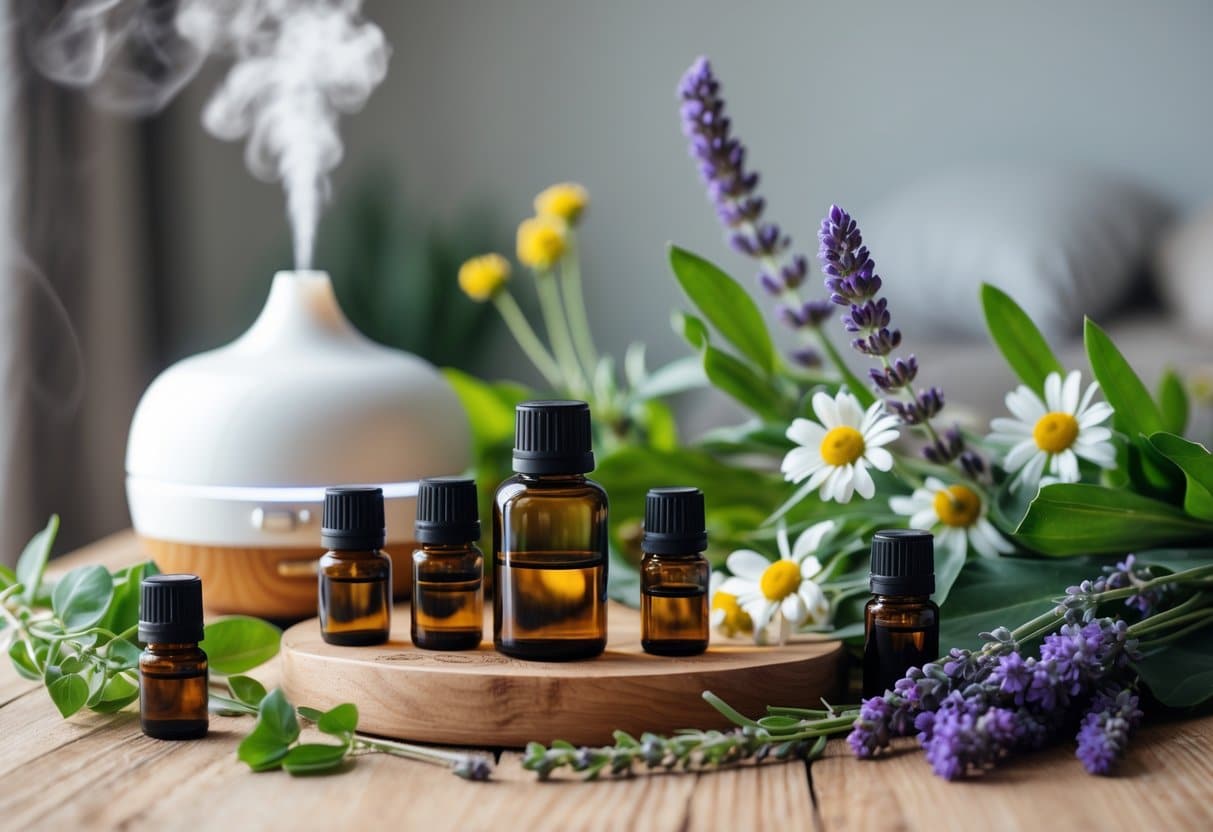 A wooden table with amber essential oil bottles, fresh lavender, eucalyptus, chamomile flowers, and a white diffuser emitting mist in a calm room.